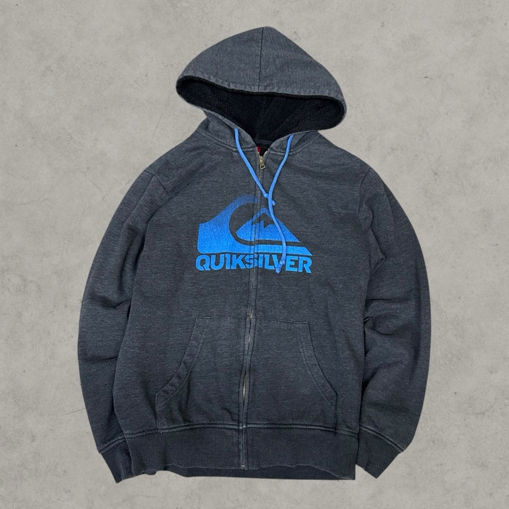 Quiksilver Hoodie Mens Medium Gray Y2K Zip Up Surf Grunge‎ Surfwear Fleece Logo